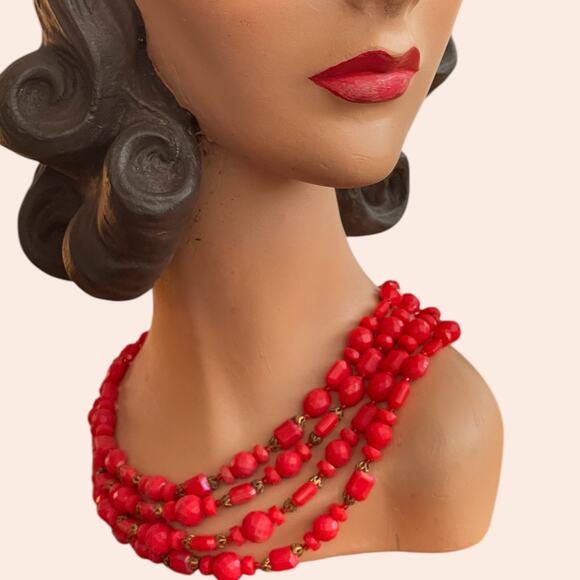 Vintage Red Four Strand Necklace Western Germany Faceted Acrylic AB Finish - Picture 1 of 10